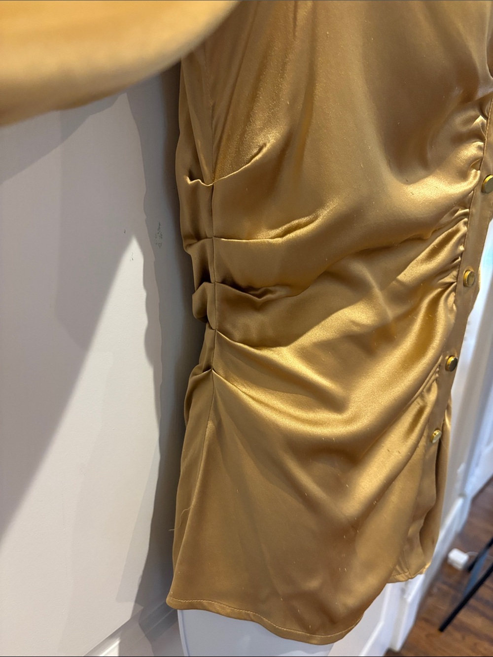 Cache Gold Satin Ruched Button-Down Blouse - Picture 2 of 8